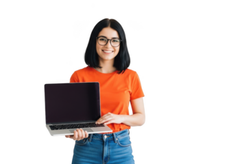 Young woman with glasses wearing an orange t shirt and blue jeans holding a laptop isolated on transparent background