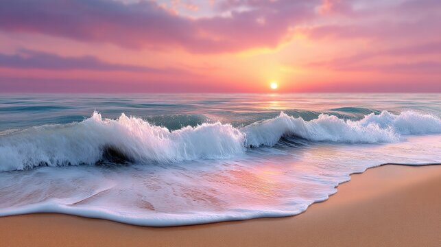 Soft waves roll onto the golden sand, reflecting the warm hues of a beautiful sunset on a tranquil evening at the beach