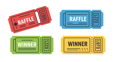Colorful raffle tickets and winner announcements displayed in a flat vector style
