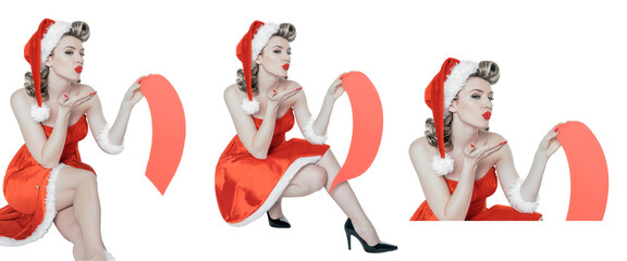 A set of beautiful women in Santa Claus costumes blowing a kiss. An attractive holiday pin-up model isolated on a transparent background for Christmas greetings, ads, cards, banners, party flyers. PNG