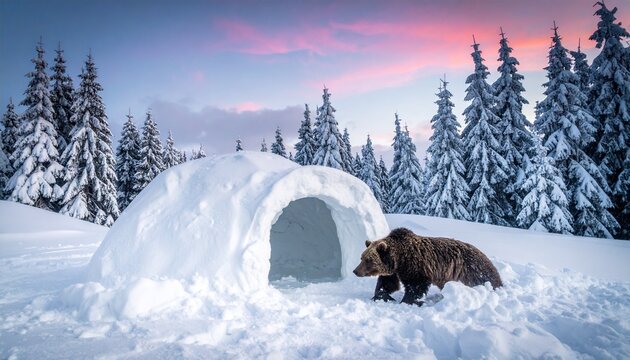 Brown Bear Standing Beside Snow Igloo in Mountainous Winter Landscape at Sunrise
