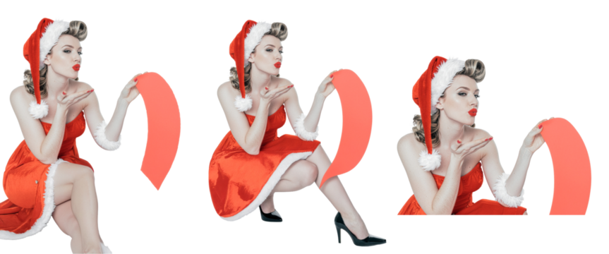 A set of beautiful women in Santa Claus costumes blowing a kiss. An attractive holiday pin-up model isolated on a transparent background for Christmas greetings, ads, cards, banners, party flyers. PNG