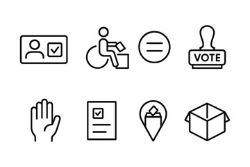 Minimalist voting icons set featuring accessible voting, ballot box, and vote stamp designs