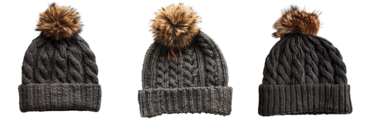 Set of refreshing sparkling lemonade glass isolated on transparent or white background - Set of Dark Grey Cable Knit Beanie with Brown Faux Fur Pom isolated on transparent or white background