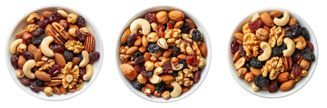 Set of refreshing sparkling lemonade glass isolated on transparent or white background - Set of white bowl filled with mixed nuts dried fruit isolated on transparent or white background