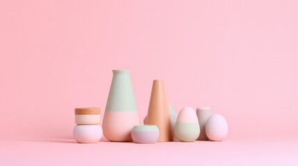 Stylish pastel vases and decorative eggs arranged on a soft pink background, creating a modern aesthetic