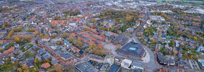 An aerial panorama view above the old town of the city Ahaus on an autumn day in Germany