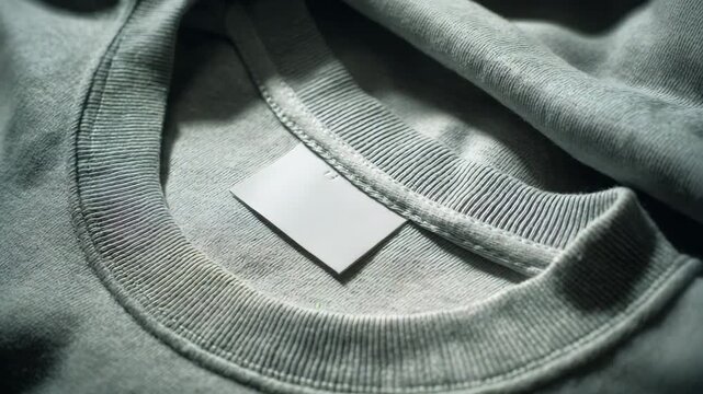 Ultra HD Closeup of a gray sweatshirt with a blank label on the collar, perfect for showcasing your brand or design, offering a neutral and versatile background 