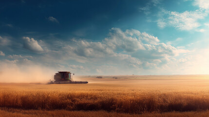 Fototapeta premium Harvesting action in golden fields agricultural landscape aerial view farming concept