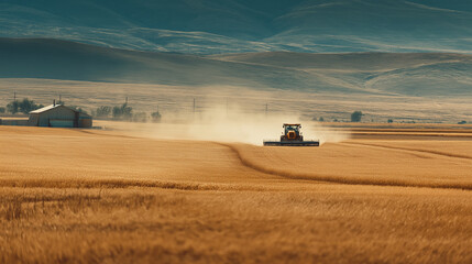 Fototapeta premium Harvesting wheat with a tractor rural farmland agriculture photography golden fields aerial view farming techniques