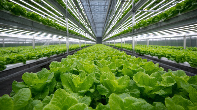 Greenhouse lettuce growth indoor hydroponic farm vegetables controlled environment wide angle sustainable agriculture
