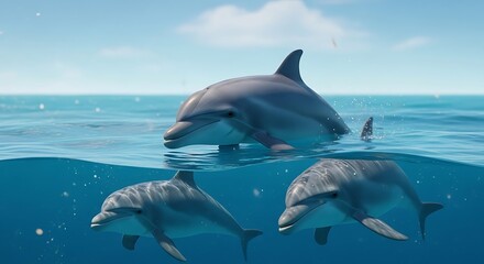 Fototapeta premium Three playful dolphins swim gracefully underwater in clear blue ocean