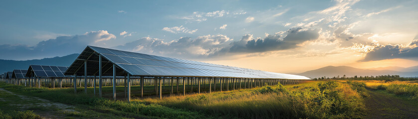 Fototapeta premium Renewable energy development solar farm green technology rural landscape wide angle sustainable future