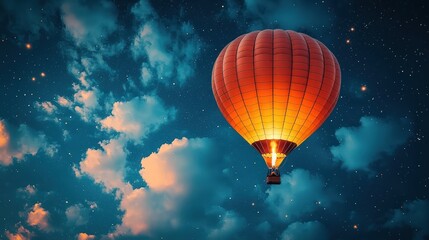 Obraz premium Night hot air balloon flight, starry sky, clouds, adventure travel