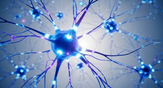 Active neural network 3d render: brain cell communication and synapses