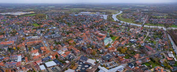 An aerial panorama view above the old town of the city Haren (Ems), 49733 on an early summer morning in Germany