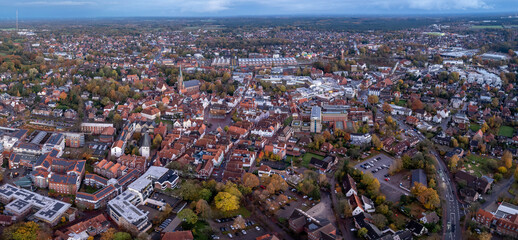 An aerial panorama view above the old town of the city Lingen on an early summer morning in Germany