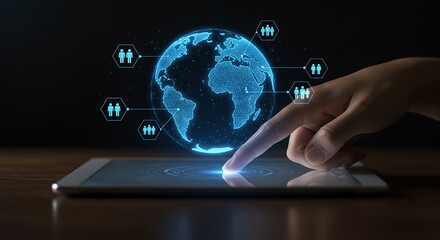 Fingers touching a tablet screen displaying a glowing digital globe with network connections and human icons, symbolizing global connectivity and business