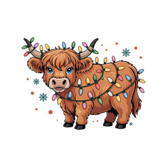 Festive Highland Cow Adorned with Christmas Lights