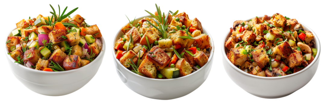 Set of white bowl filled with savory stuffing and vegetables isolated on transparent or white background