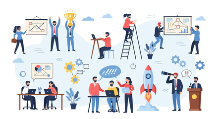 Naklejka premium Vector illustration of various business people in various team work activities.