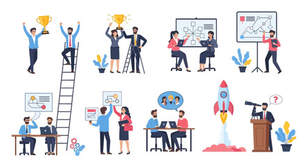 Obraz premium Vector illustration of various business people in various team work activities.