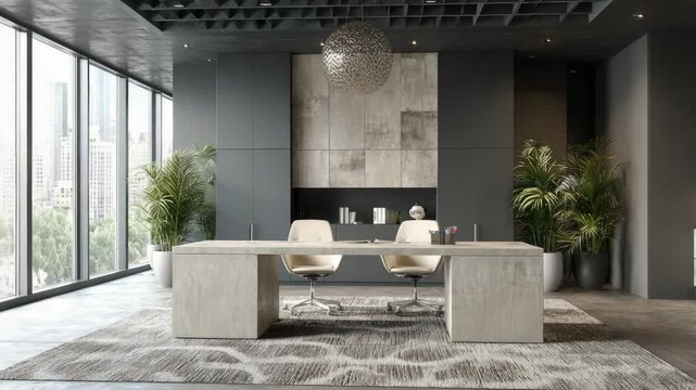 Ultra HD Contemporary office interior with a large concrete desk, swivel chairs, potted plants, and a stylish pendant light, creating a modern and sophisticated workspace environment 