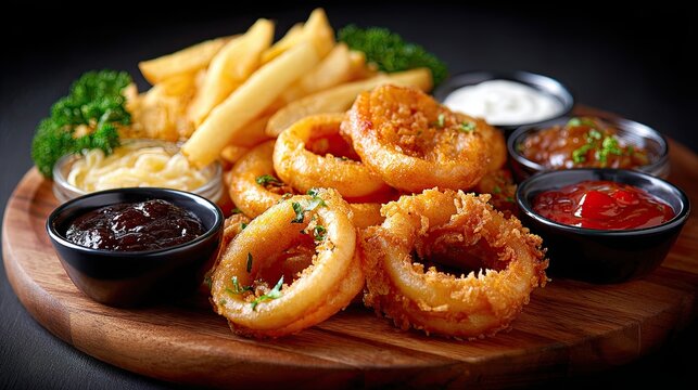 Fried onion rings, breaded squid rings, French fries and sauces - Powered by Adobe