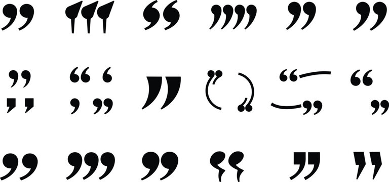 Quotation mark icon set, punctuation symbols, typographic quotes, black quote marks, vector punctuation, graphic design elements, typography clipart collection
