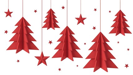 Red paper christmas trees and stars hanging isolated on white background for decoration
