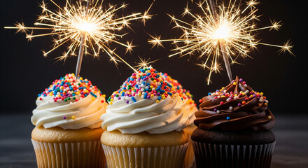 Festive cupcakes with burning sparklers and colorful sprinkles on dark background.