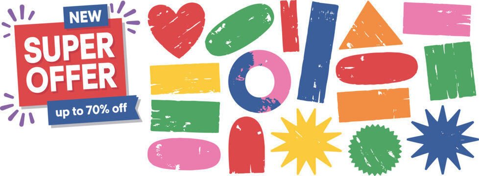 Vector illustration of colorful alphabet letters and set of sale discount tags for children's education and design