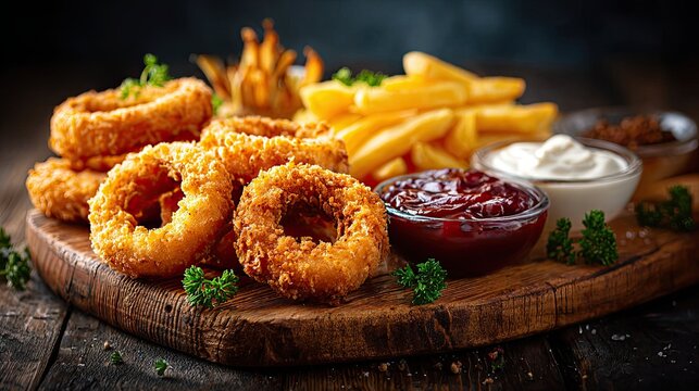 Fried onion rings, breaded squid rings, French fries and sauces