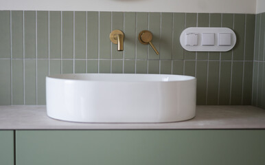 Modern Bathroom Vanity Detail with White Sink and Brass Faucets