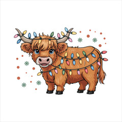 Festive Highland Cow Adorned with Christmas Lights
