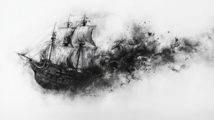 A beautifully illustrated pirate ship sailing through mist, evoking adventure and mystery across the seas.