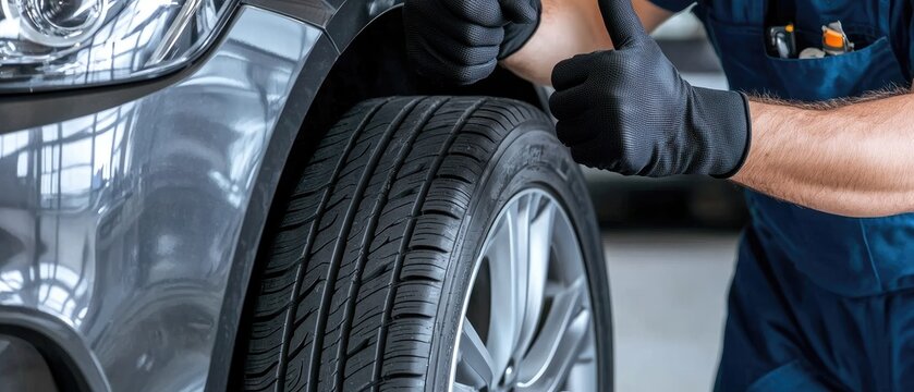 A mechanic stands next to a car, giving a thumbs up while holding a new tire in a bustling workshop environment