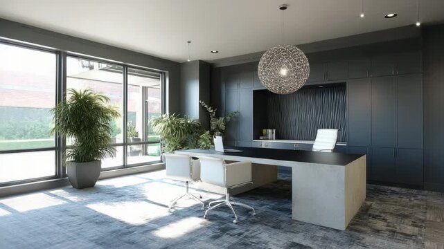 Ultra HD Bright office interior showcasing a concrete desk, comfortable swivel chairs, vibrant potted plants, and a stylish pendant light, fostering a creative and efficient work environment 