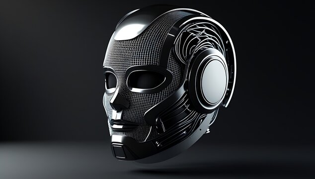 Futuristic metallic ai robot head mask representing digital age