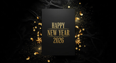 Luxury black and gold Happy New Year 2026 greeting card on silk background.