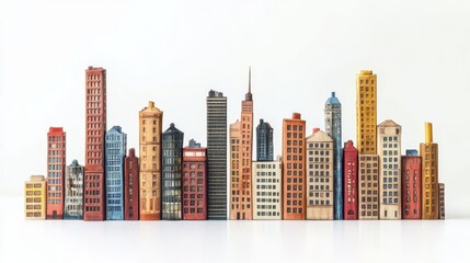 A vibrant collection of colorful miniature buildings arranged to create an urban skyline, perfect for city-themed projects.