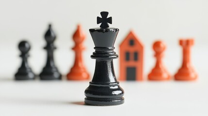 A close-up of a black chess king piece with colorful chess pieces in the background, symbolizing strategy and competition.