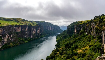 Tranquil river flowing between steep rocky cliffs