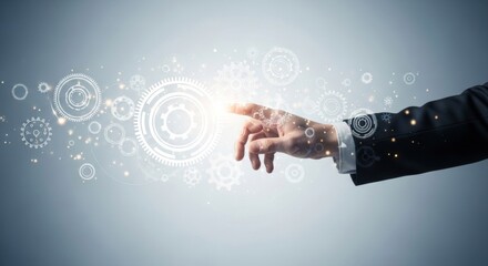 Businessman's hand interacting with digital gears: technology, innovation & business solutions