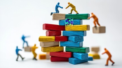 Colorful wooden blocks stacked with miniature figurines climbing, representing teamwork and playful creativity.