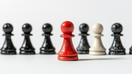 A bold red pawn stands out among a line of black and white chess pieces, symbolizing strategy and competition.