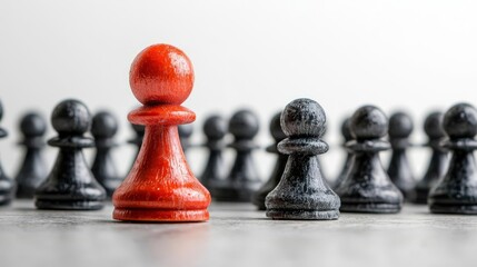 Unique red pawn stands out among black chess pieces, symbolizing individuality and strategy in competition.