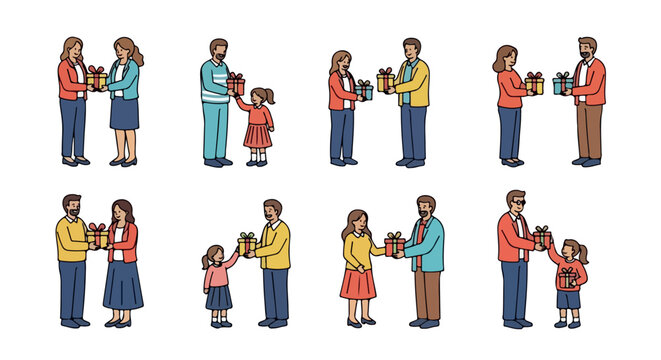 People exchanging gifts in various scenarios