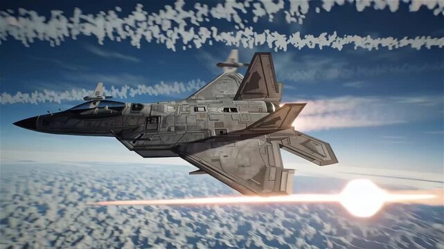 A thrilling aerial combat scene featuring fighter jets engaged in a dogfight above clouds