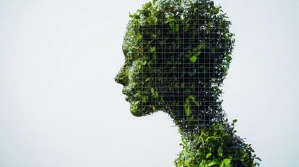 A unique green sculpture shaped like a human head, blending nature and art to symbolize environmental harmony.